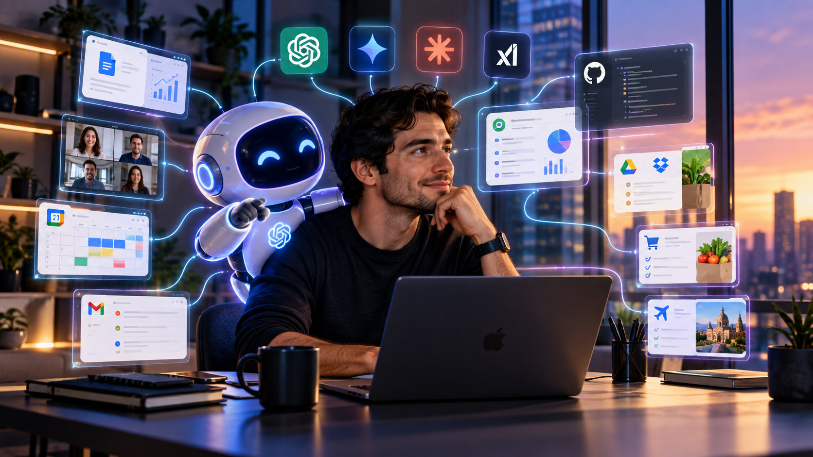 Un hombre reflexiona frente a una computadora portátil junto a una asistente de IA, rodeados de herramientas digitales.